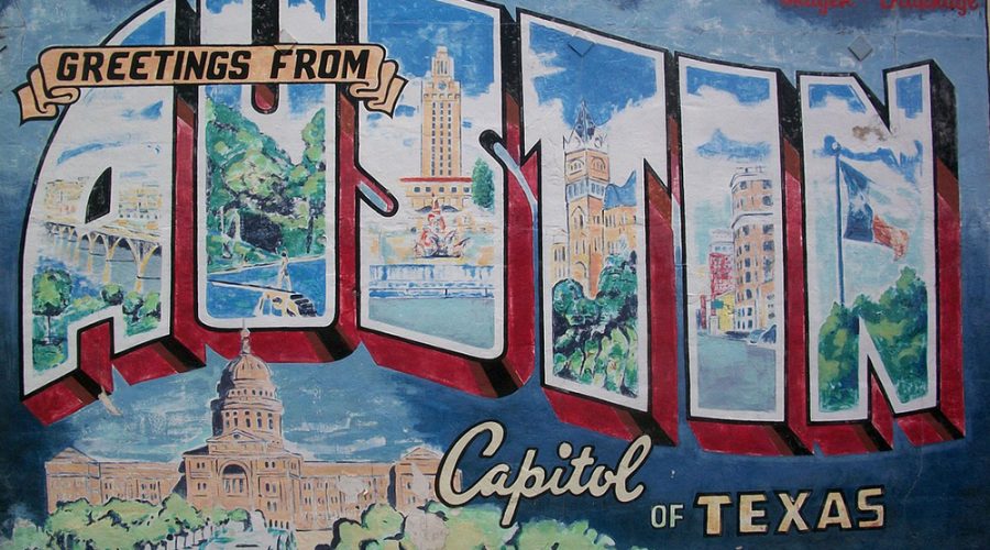 The Greetings From Austin mural on south 1st street