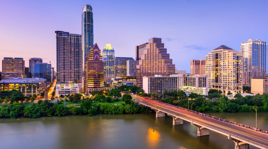 Downtown Austin buildings with Lady Bird Lake in the foreground